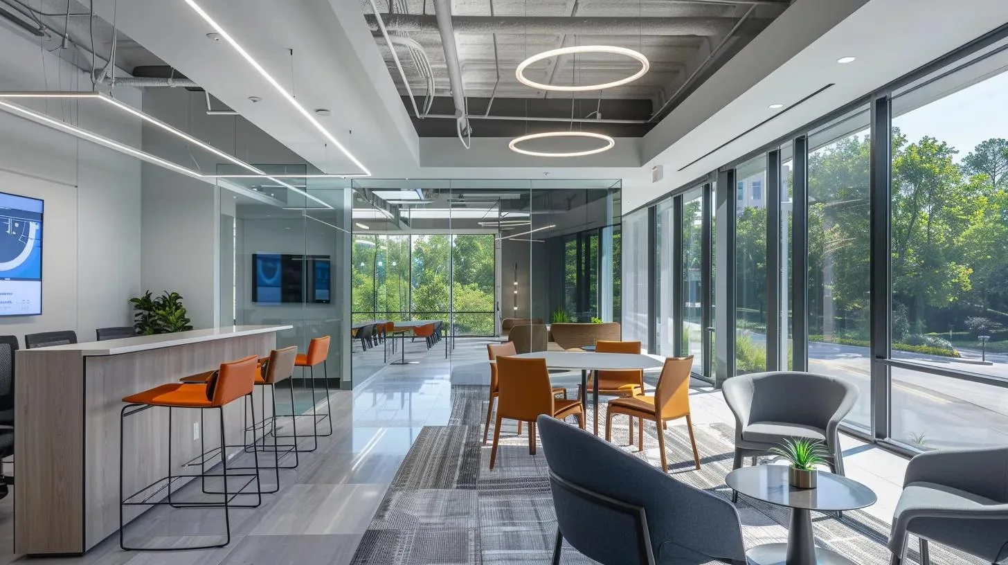 The Role of Commercial HVAC Services in Keeping Businesses Comfortable in Atlanta 6 a modern atlanta office featuring sleek, advanced hvac equipment, with displays showcasing digital controls and sustainability features in a bright, professional environment.