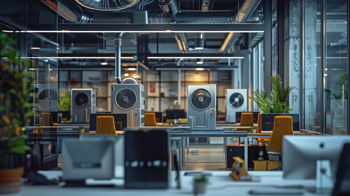 The Role of Commercial HVAC Services in Keeping Businesses Comfortable in Atlanta 9 a modern commercial office featuring a detailed view of a high-tech hvac system with focused lighting showcasing its intricate components, emphasizing both reliability and advanced engineering.