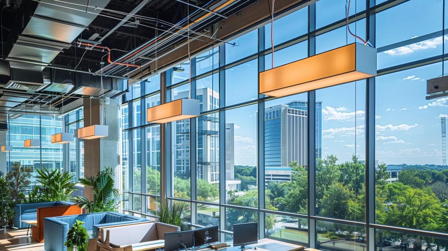 The Role of Commercial HVAC Services in Keeping Businesses Comfortable in Atlanta 2 a sleek, modern commercial hvac system is prominently displayed in a contemporary office environment, showcasing advanced technology and robust design against a backdrop of large windows overlooking the bustling city of atlanta, emphasizing the importance of energy efficiency and adaptability in response to the region's climate challenges.