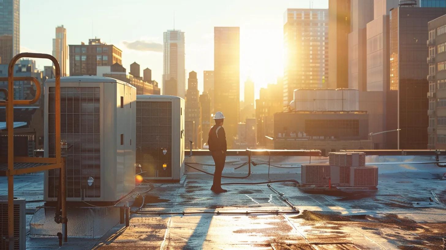 Commercial HVAC System Maintenance in Atlanta: How to Extend Its Lifespan 9 a modern commercial hvac maintenance technician inspects a sleek, high-efficiency rooftop unit against a backdrop of a bustling urban skyline, showcasing the importance of preventative care for optimal performance and energy savings.