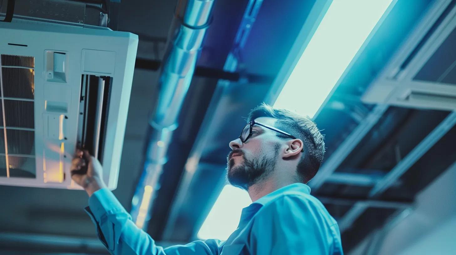 Commercial HVAC System Maintenance in Atlanta: How to Extend Its Lifespan 6 a professional technician is inspecting a sleek, modern commercial hvac system in a well-lit atlanta office environment, showcasing the importance of maintenance for optimal performance and longevity.