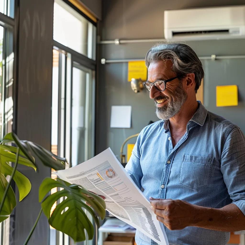 Why Commercial HVAC Replacement is a Smart Investment for Business Owners 7 Business owner reviewing energy savings reports with a modern HVAC unit in the background