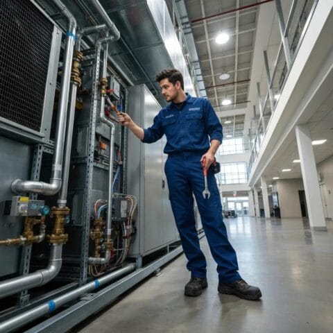 Preparing Your Business for Winter with a Commercial HVAC Inspection 2 Technician inspecting a commercial HVAC system, emphasizing winter preparation and maintenance