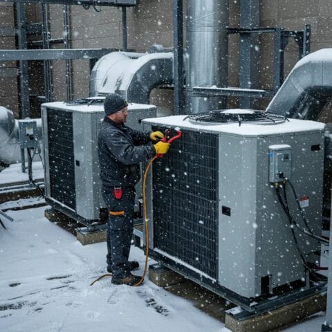 The Importance of HVAC Winterization for Commercial Buildings in Atlanta 1 Commercial HVAC technician winterizing a large HVAC unit in Atlanta, emphasizing the importance of seasonal maintenance