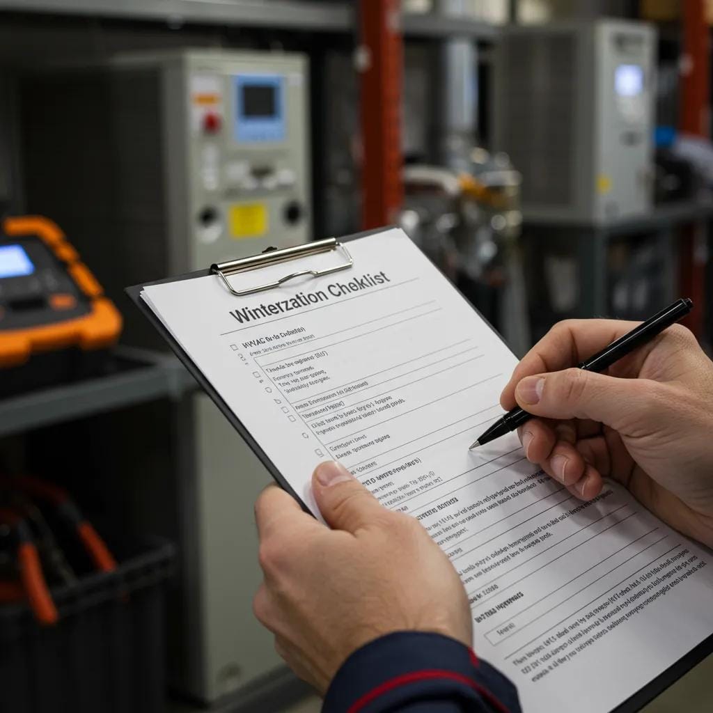 The Importance of HVAC Winterization for Commercial Buildings in Atlanta 2 Technician reviewing a detailed HVAC winterization checklist in a commercial setting, demonstrating thorough maintenance practices