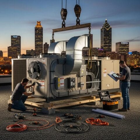 Commercial HVAC installation on a rooftop in Atlanta with technicians at work