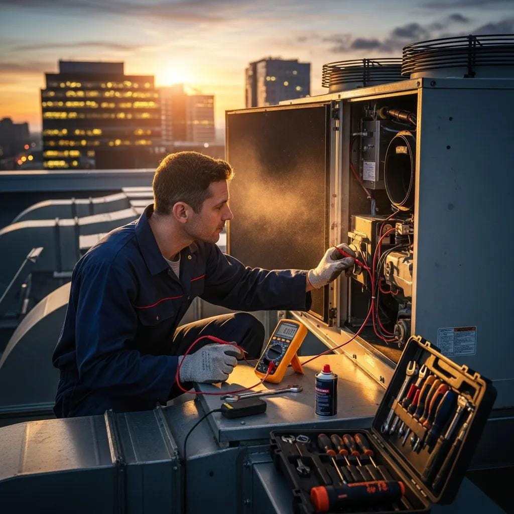 Technician performing maintenance on a commercial HVAC system
