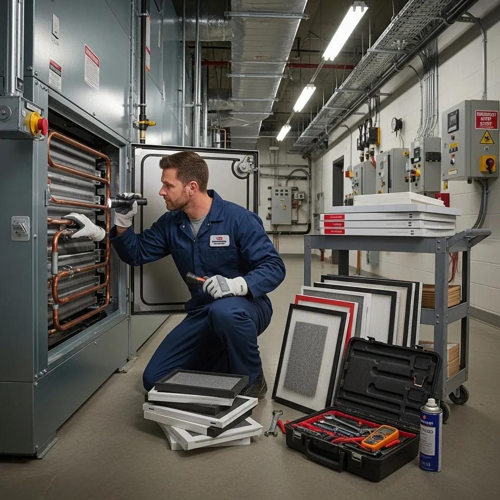 Unlock Energy Efficient Commercial Heating and Cooling Systems For Your Business 3 Technician performing preventative maintenance on a commercial HVAC system in a mechanical room